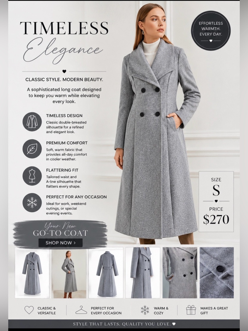 WIDE LAPEL DOUBLE-BREASTED FLARE LONGLINE COAT IN GREY